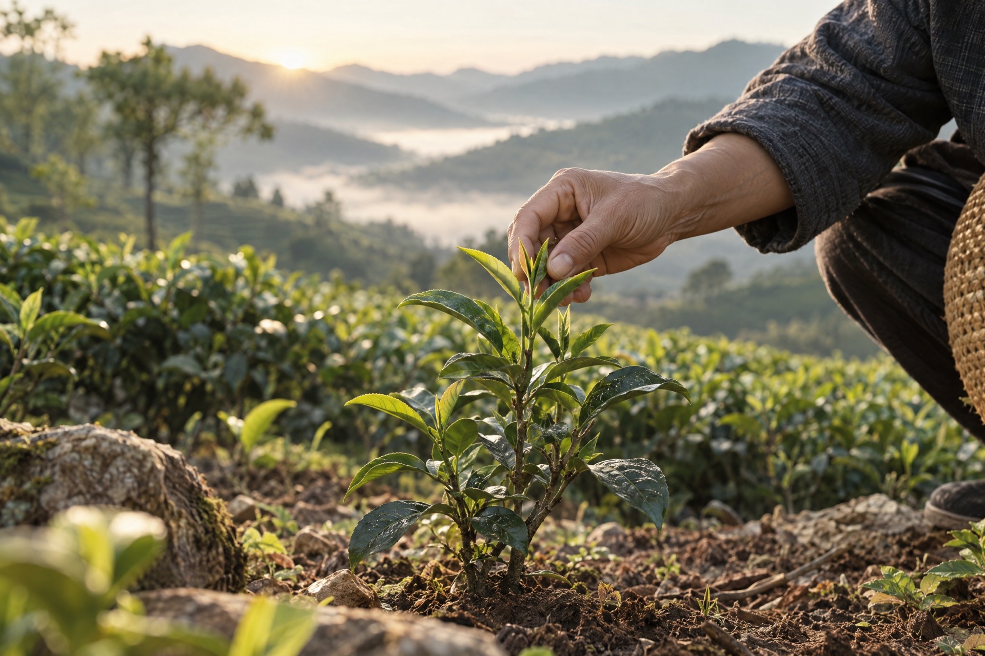 山坡茶园里的嫩茶树与养护意象